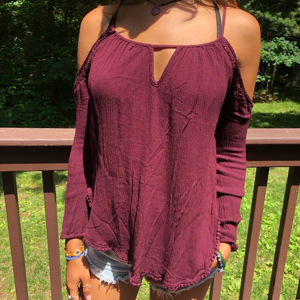 off shoulder flowy boho purple long sleeve shirt